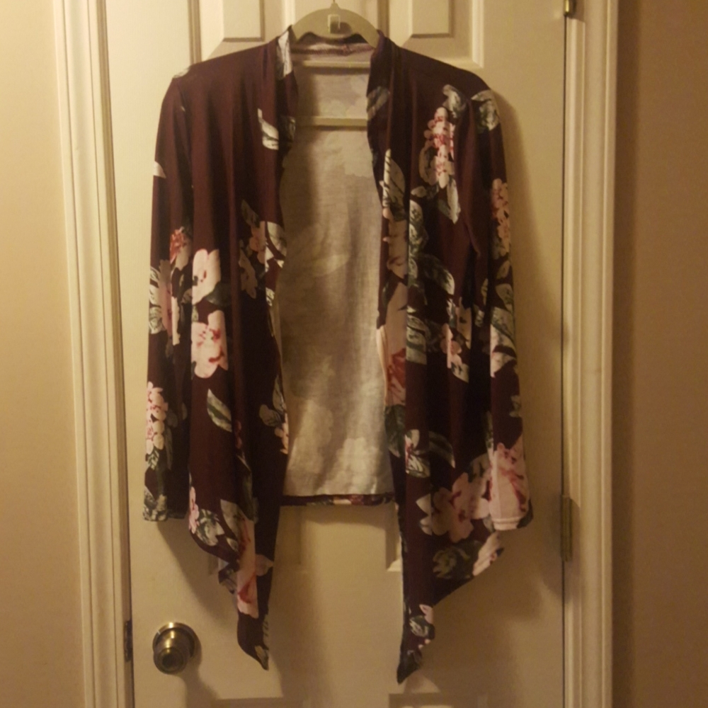 Small Burgandy Floral Print Open Front Cardigan